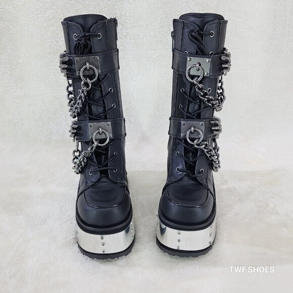 Camel Demonia Goth Punk Mid Calf Platform Boots Skeleton Hands Chains - Picture 7 of 9